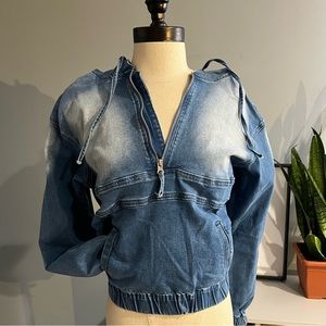NET Denim cropped half zip hoodie
